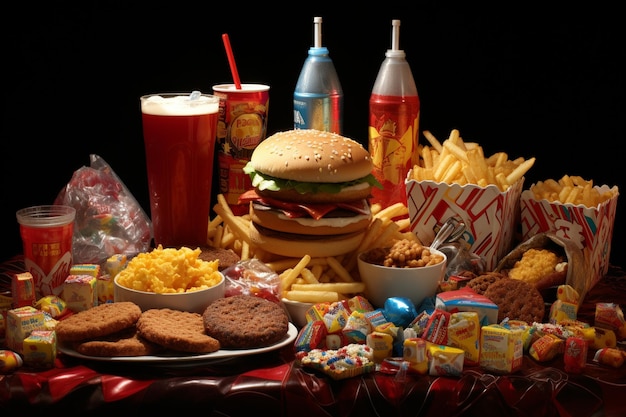 Une variété de junk food, y compris un hamburger