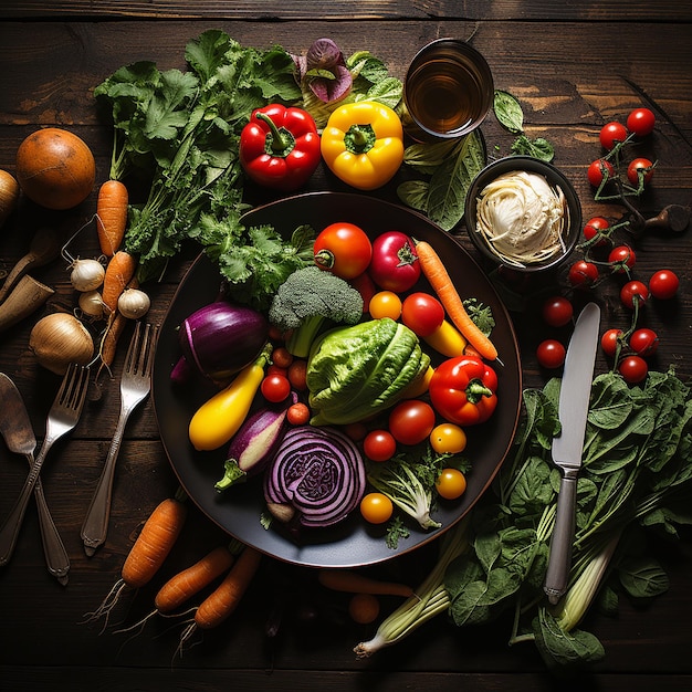 Variété de légumes disposés autour d'une assiette blanche avec copie espace