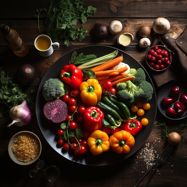 Variété de légumes disposés autour d'une assiette blanche avec copie espace