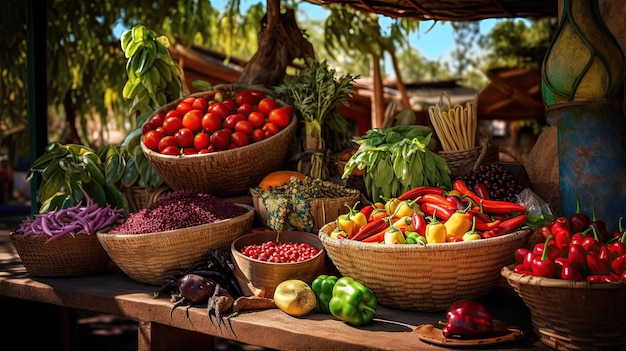 une variété de légumes est exposée sur une table.