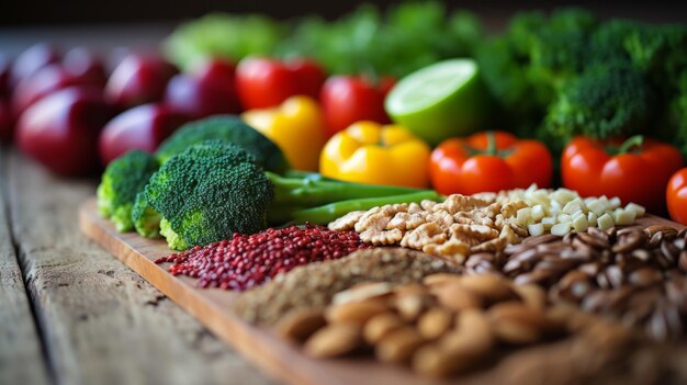 Une variété de légumes frais et de noix sur une table en bois