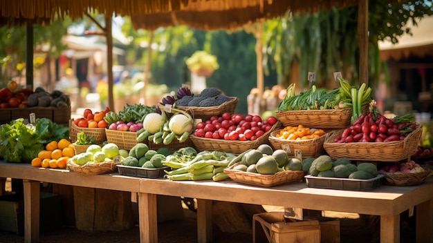 Une variété de légumes frais à vendre sur un marché local, des tables empilées remplies de légumes biologiques frais.