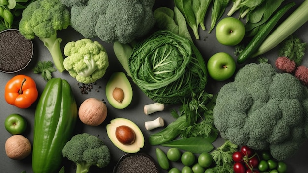 Variété de légumes et de fruits verts sur le fond gris