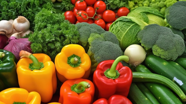 Une variété de légumes sont affichés dans une pile.