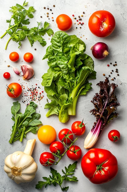 Une variété de légumes sont étalés sur la table, y compris des tomates, des poivrons, de la laitue et plus encore.