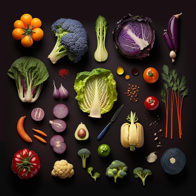 Une variété de légumes, y compris le brocoli, les tomates et d'autres légumes.