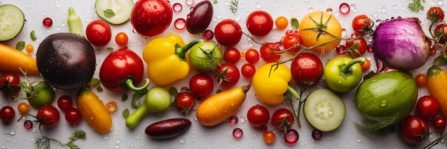 Une variété de légumes, y compris des tomates, des poivrons jaunes, rouges et verts.