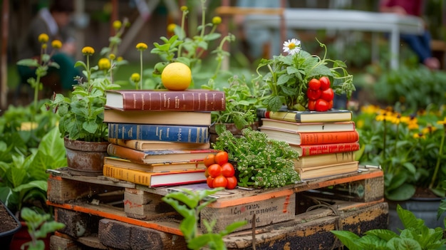 Une variété de livres et de produits biologiques frais sur des caisses en bois parmi des plantes en fleurs