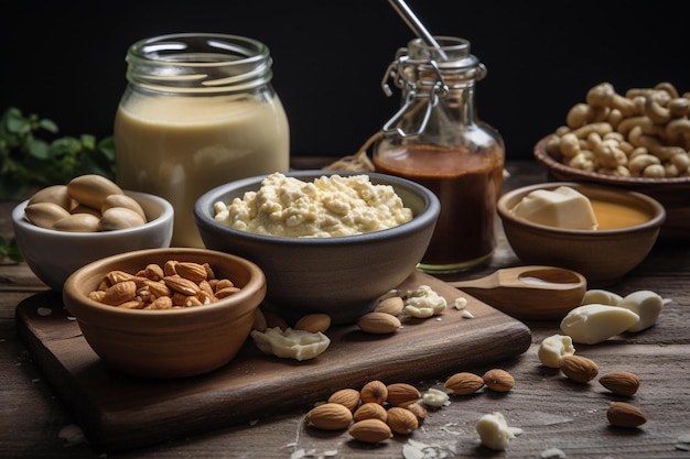 Une variété de noix et de lait sont sur une table.