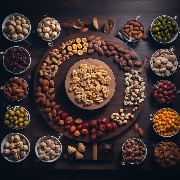 Photo une variété de noix sur une table en bois