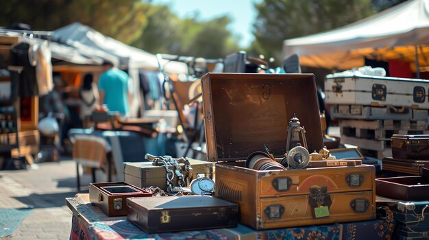 Photo une variété d'objets vintage à vendre au marché aux puces les objets sont exposés sur une table en bois