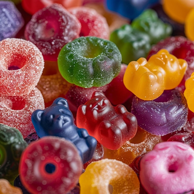 une variété d'ours en gomme colorés sont exposés