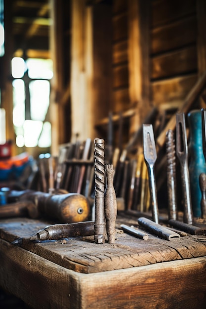 Une variété d'outils anciens sont sur une table en bois dans un atelier