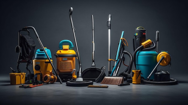 Photo variété d'outils de nettoyage sur fond sombre