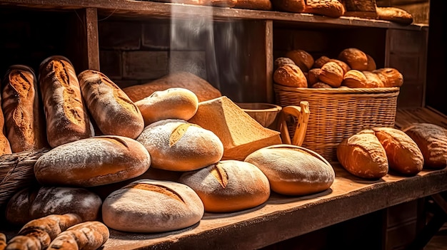 Une variété de pain fraîchement cuit sur une table de boulangerie en bois