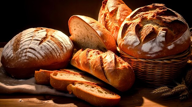 Photo une variété de pain fraîchement cuit sur une table de boulangerie en bois