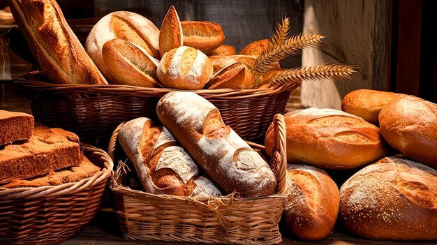 Photo une variété de pain fraîchement cuit sur une table de boulangerie en bois