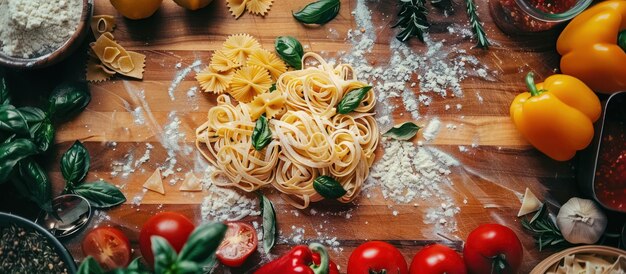 Photo une variété de pâtes sur une table en bois