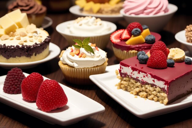 Une variété de petits gâteaux sont sur une table.