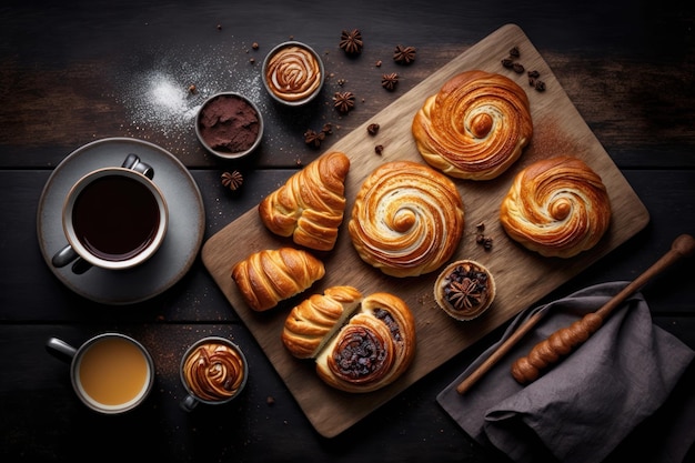 Variété de petits pains feuilletés faits maison, brioches à la cannelle et croissants servis avec une tasse de café générée par l'IA