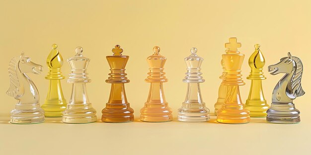 Une variété de pièces d'échecs en verre éblouissantes sur un fond jaune pâle une représentation du jeu de la vie vainqueur perdant décidant joli échecs et espace IA générative