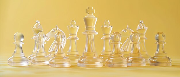 Une variété de pièces d'échecs en verre éblouissantes sur un fond jaune pâle une représentation du jeu de la vie vainqueur perdant décidant joli échecs et espace IA générative