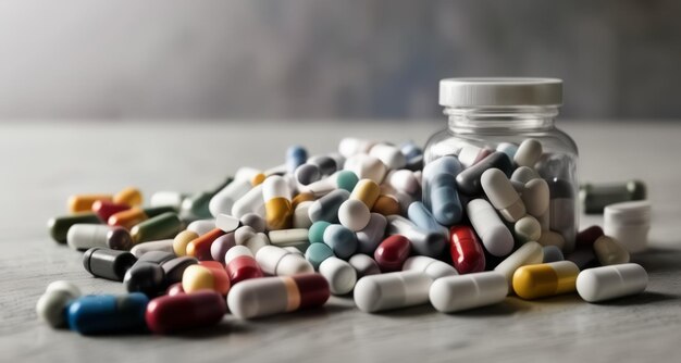 Une variété de pilules colorées éparpillées autour d'une bouteille de verre
