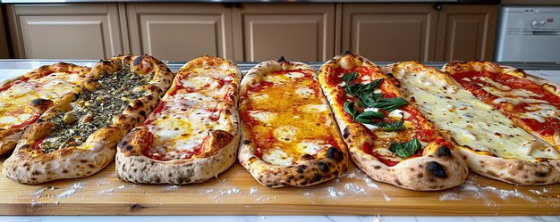 Une variété de pizzas avec diverses garnitures présentées sur une table en bois