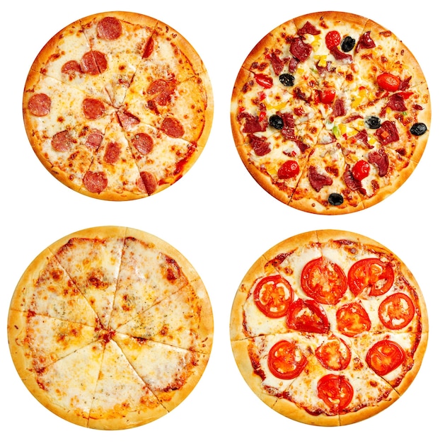 Variété de pizzas isolées menu collage disign