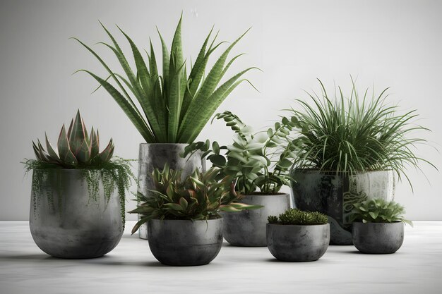 Une variété de plantes d'intérieur dans des pots en métal sur un fond blanc