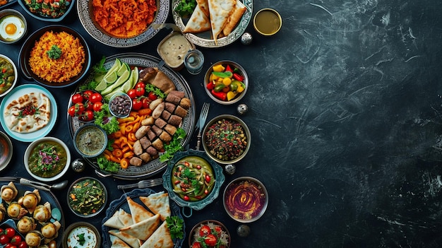 Une variété de plats du Moyen-Orient servis dans des bols et des assiettes colorés prêts pour un repas de groupe