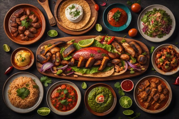 Une variété de plats mexicains, y compris des tacos, du guacamole, du filet de poulet, des tortillas de maïs, des légumes et des sauces sur fond sombre.