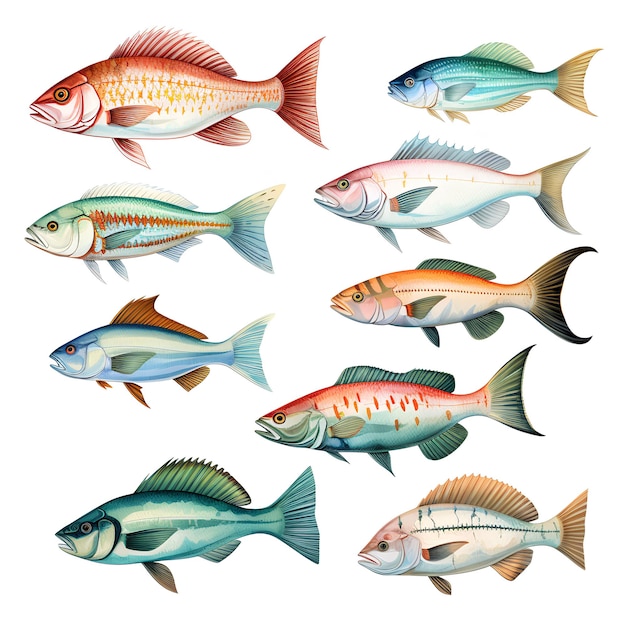 Variété de poissons sur fond blanc