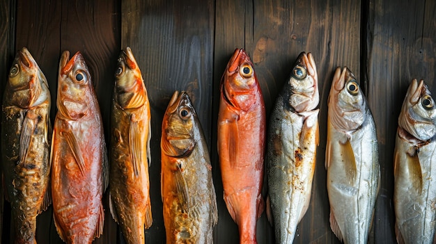 Une variété de poissons fumés accrochés à une corde