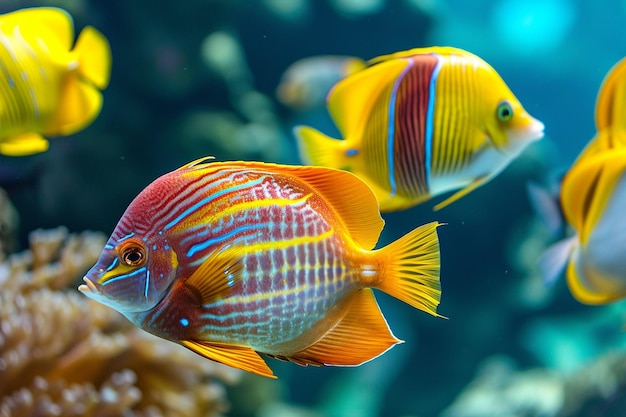 Variété de poissons marins et fluviaux sous l'eau avec des herbes marines sur turquoise