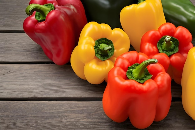 Une variété de poivrons colorés sur une table en bois