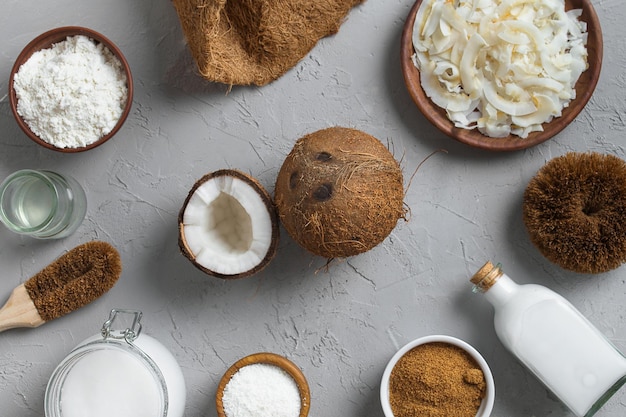 Variété de produits à base de noix de coco avec espace de copie