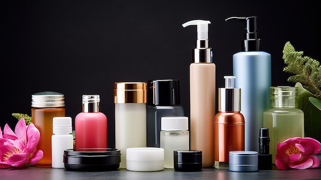 Une variété de produits de beauté dont une bouteille de shampoing, shampoing et autres produits.