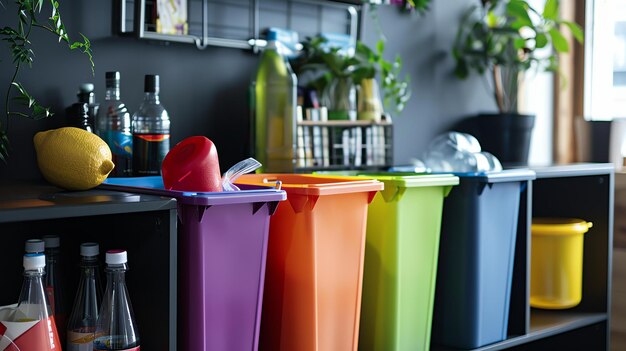 Une variété de récipients en plastique colorés sont posés sur une étagère d'une cuisine moderne