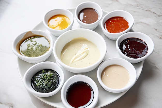 Une variété de sauces et condiments sur une assiette blanche