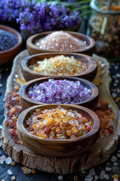 Variété de sels naturels dans des bols en bois sur une table en bois