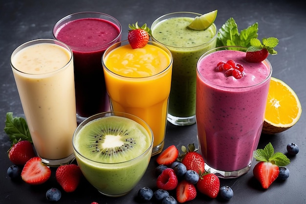 Variété de smoothies aux fruits avec leurs ingrédients
