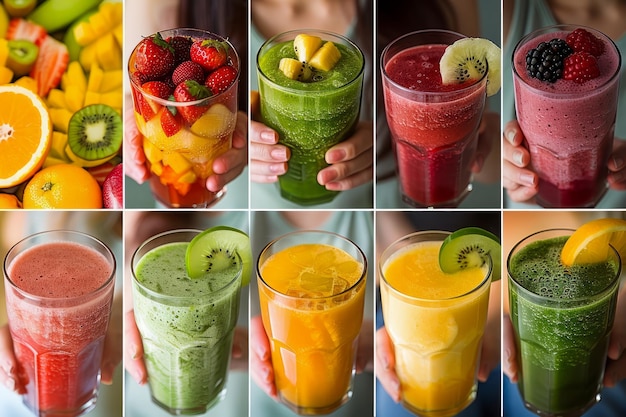 Une variété de smoothies frais et de jus de fruits pour un mode de vie et une nutrition sains