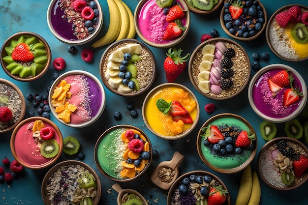 Une variété de smoothies sont affichés sur une table.