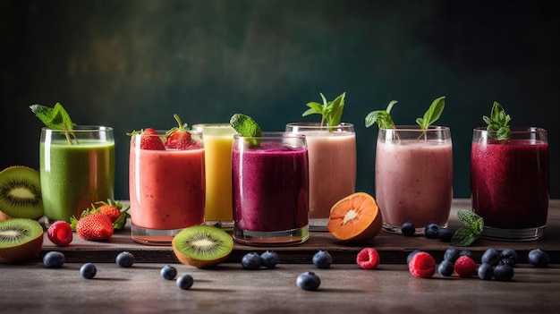 Une variété de smoothies sont alignés sur une table.