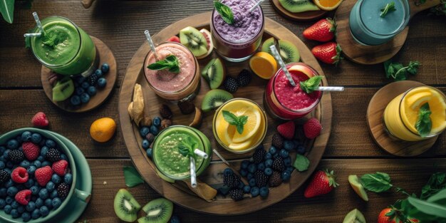 Une variété de smoothies sont sur un plateau.