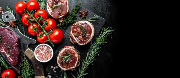 Variété de steaks de viande de boeuf crue pour griller avec assaisonnement sur plus de viande couteau de boucher bannière menu recette vue de dessus