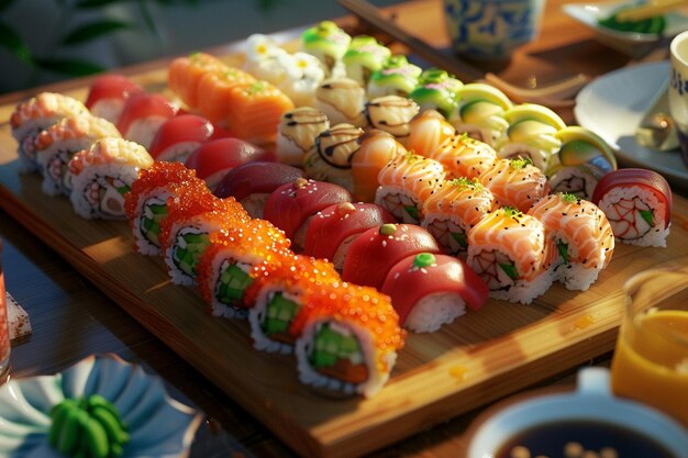 Photo une variété de sushis sont sur un plateau en bois avec d'autres sushis