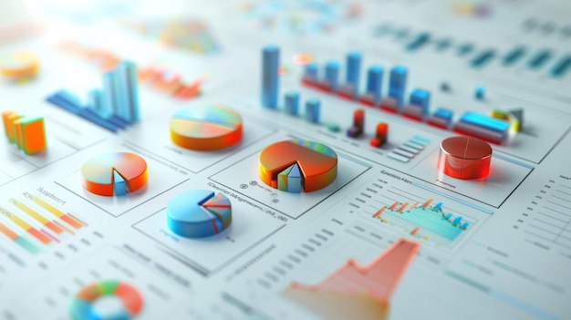 Une variété de tableaux et de graphiques en couleurs vives sont posés sur une table.