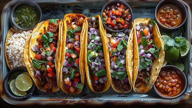 Photo une variété de tacos sont affichés sur un plateau